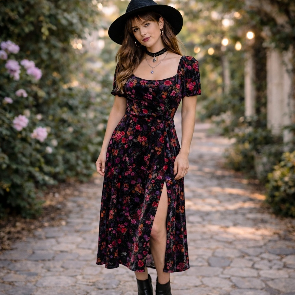 Loft Dress Womens 12 Black Floral Velvet Midi Whimsy Goth Fairy Puff Sleeve